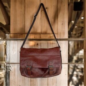 Fossil Leather Messenger Bag Brown Buckles Laptop Shoulder Bag Crossbody Unisex